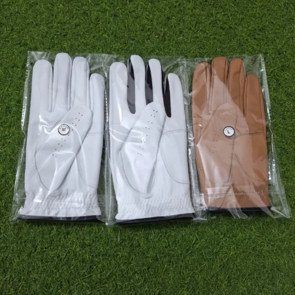 3-Pack Premium Leather Golf Gloves – White, Black Trim & Tan Bundle