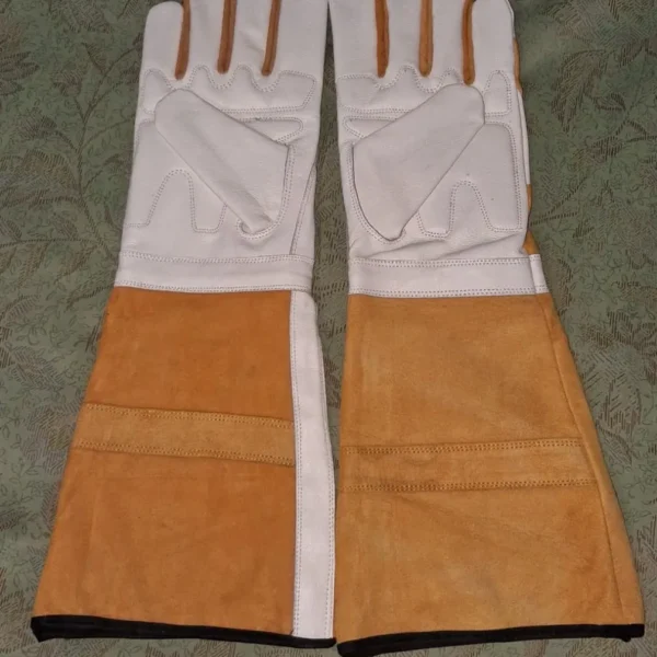 Professional White & Tan Leather Falconry Gauntlet Gloves – Heavy-Duty Raptor Handling Gloves