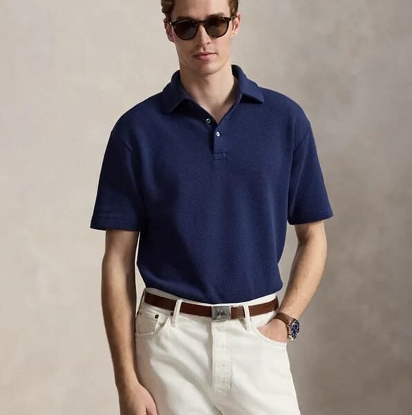 Men’s Navy Blue Textured Knit Short-Sleeve Polo Shirt