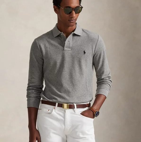 Men’s Heather Grey Long-Sleeve Cotton Polo Shirt